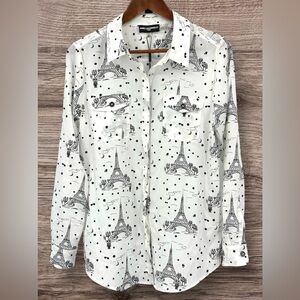 Karl Lagerfeld size Medium White Paris Print Long Sleeve Button Down Blouse NWT